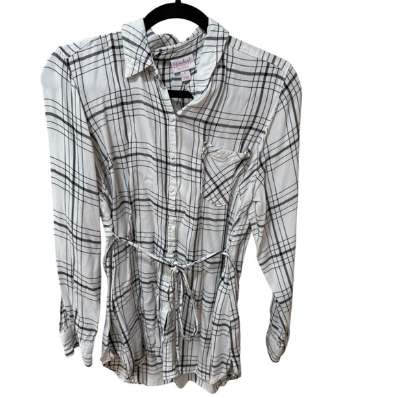 Isabel maternity Plaid long sleeve belted waist shirt - large-Black & White - Picture 1 of 3